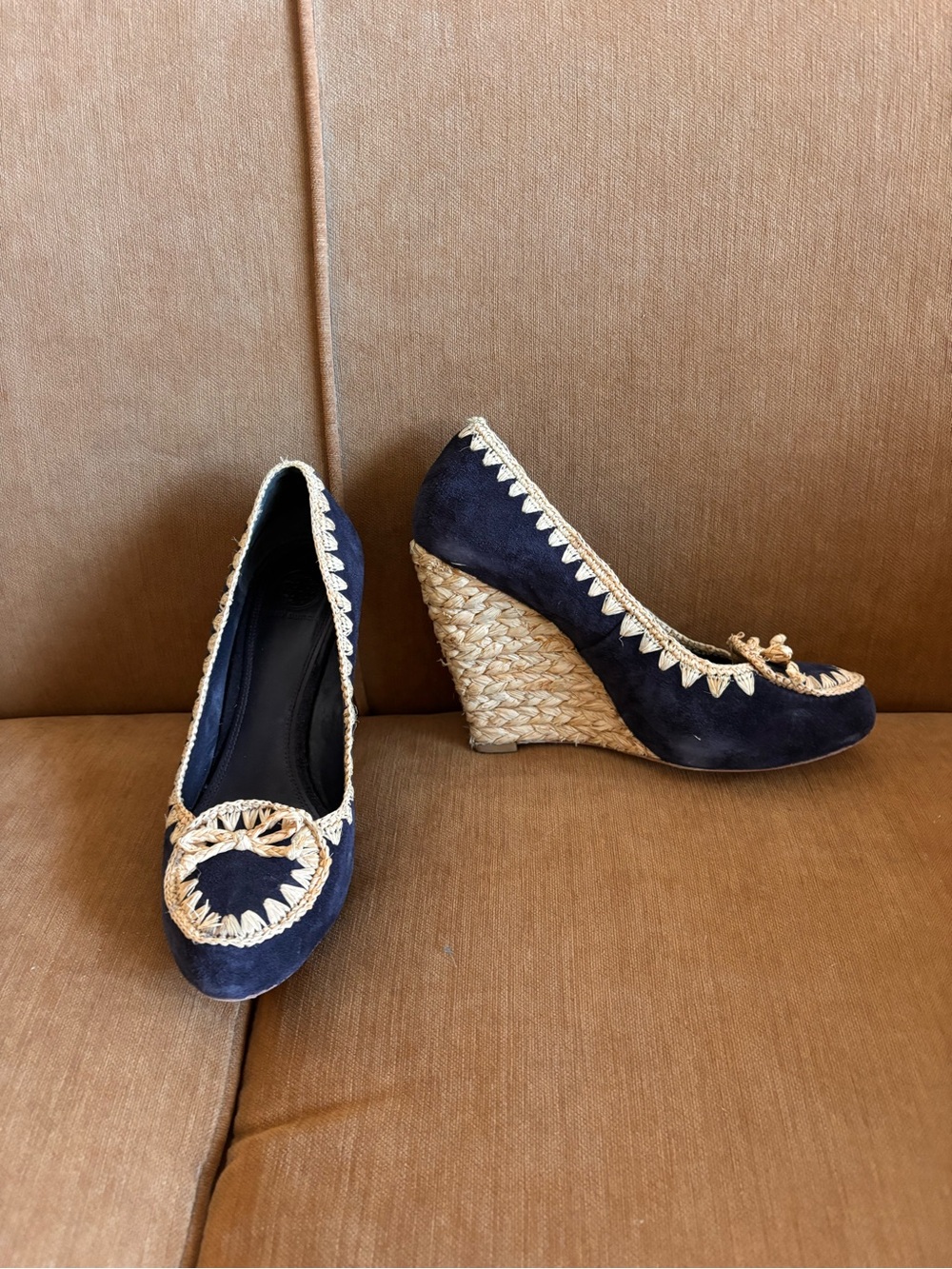 Tory Burch Navy Suede Wedge Espadrilles with Natural Trim